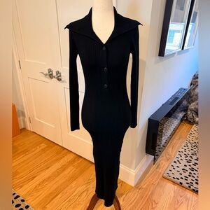 Reiss Black Ribbed Button-Front Maxi Dress